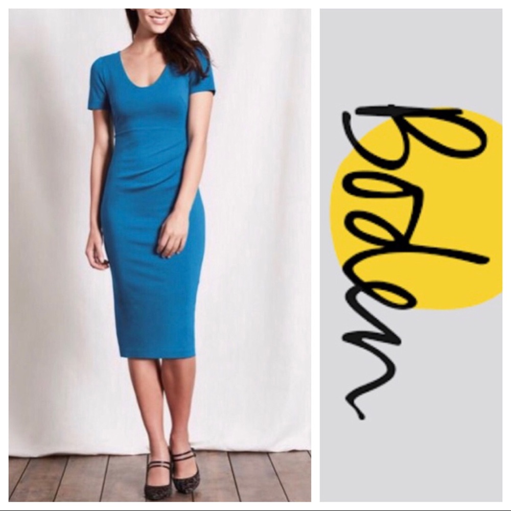BODEN Honor Cerulean Blue Ponte Sheath Dress Short Sleeves Side Ruched Size 12L